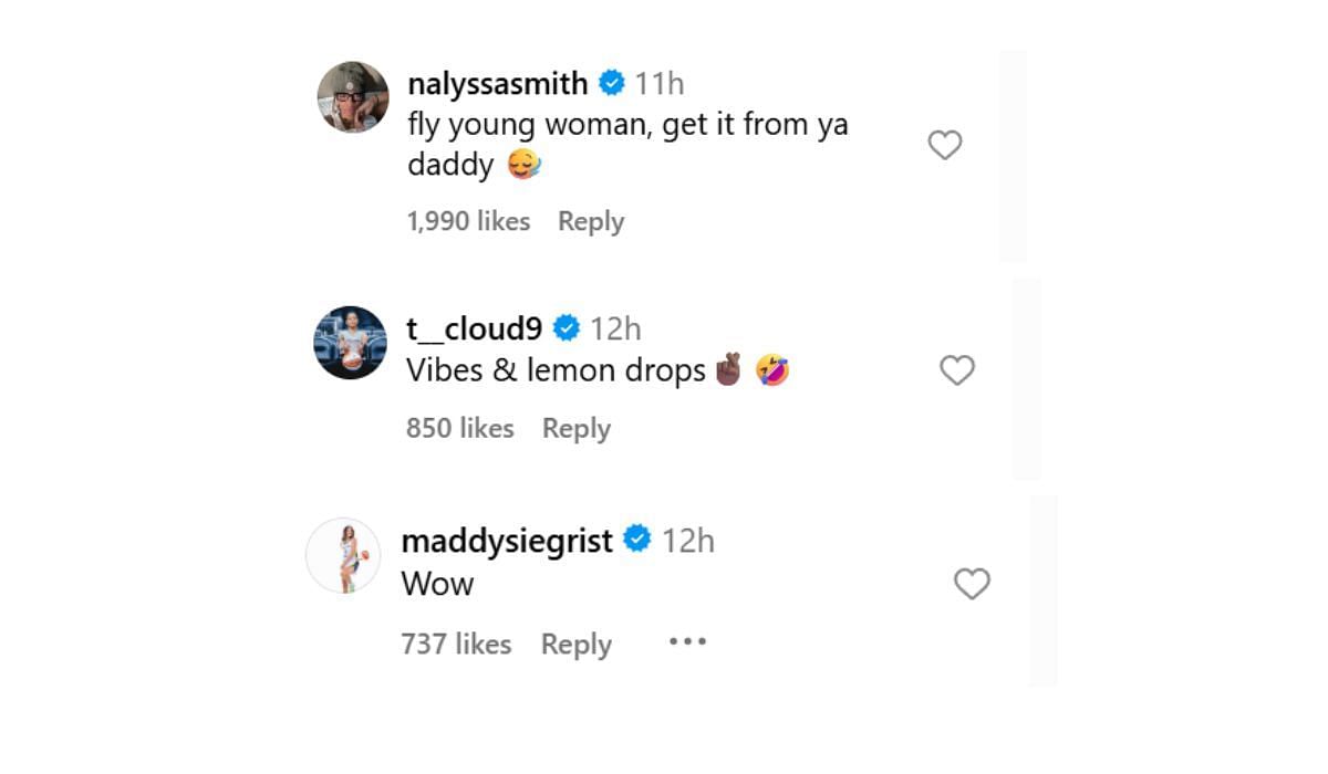 NaLyssa Smith, Natasha Cloud, and Maddy Siegrist react to Paige Bueckers' post (Source: Instagram/Paige Bueckers)